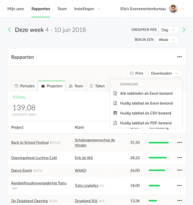 Urenregistratie dashboard met projectoverzicht, rapporten en downloadopties voor zzp'ers