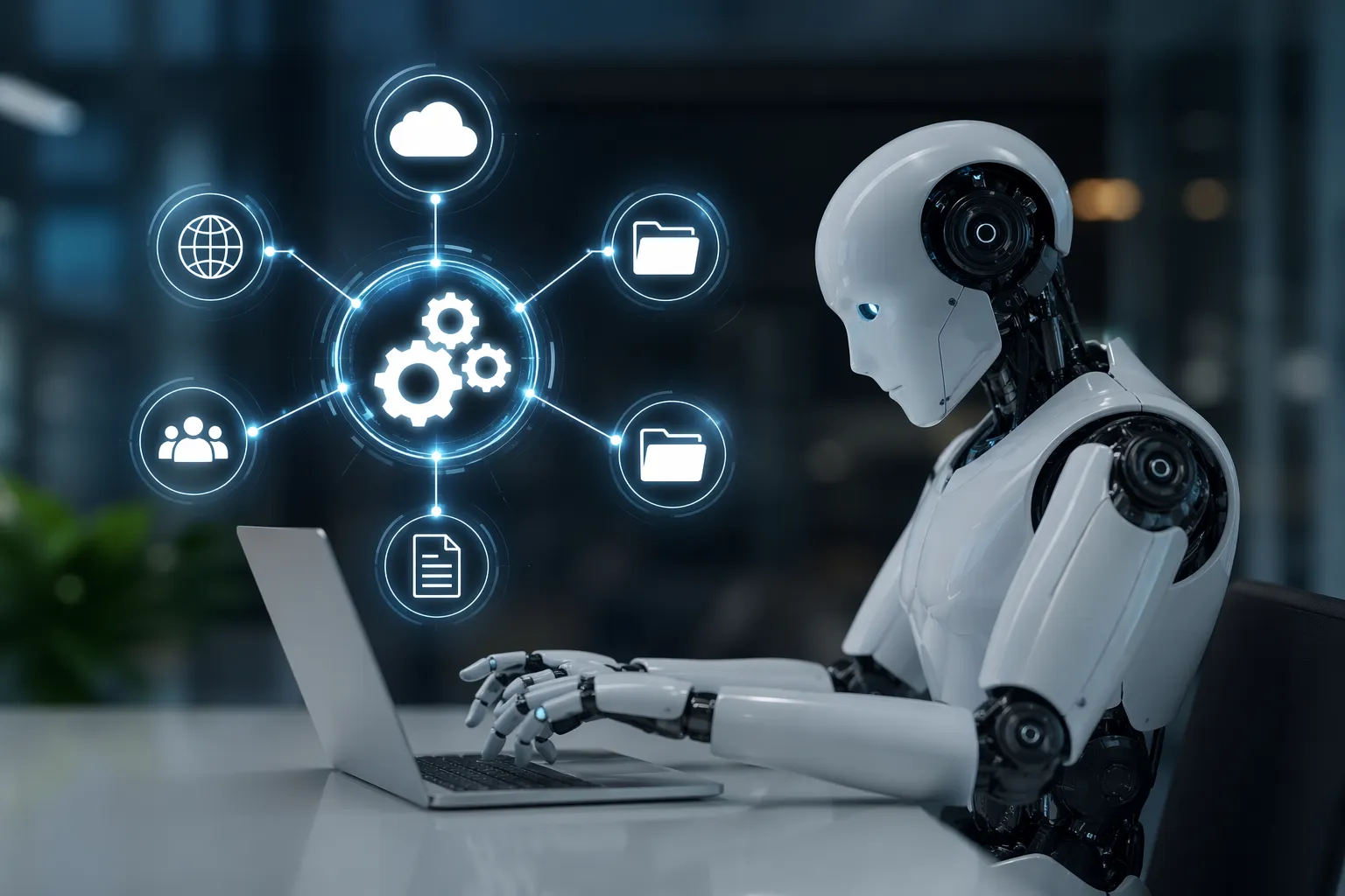 Een strakke, moderne visual van AI-automatisering in een heldere en professionele stijl.