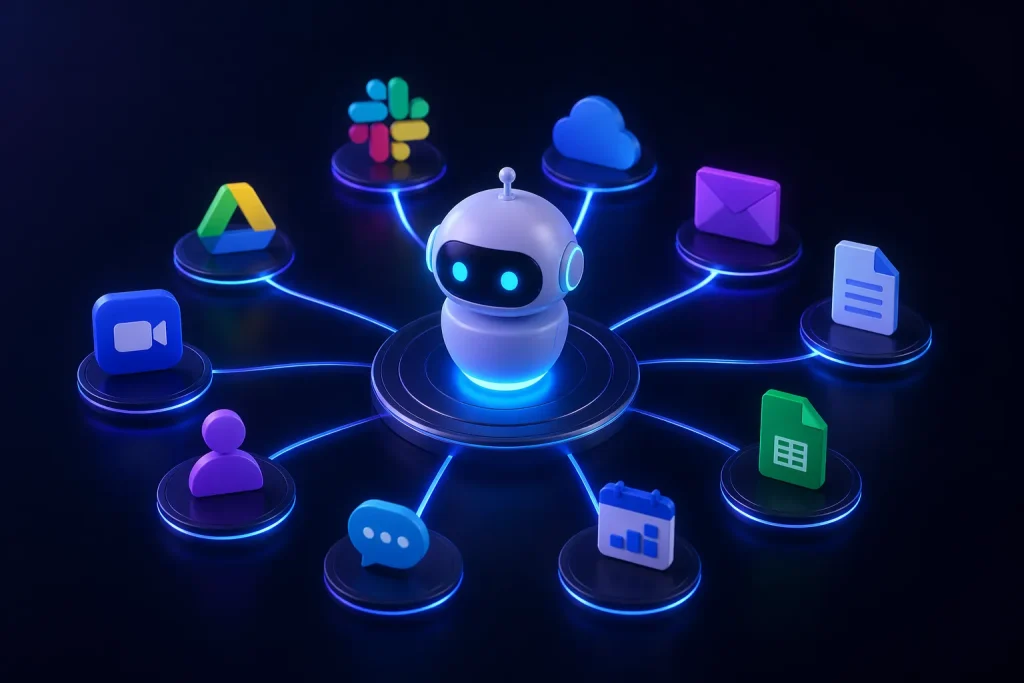 Futuristische AI-assistent die meerdere apps en workflows slim met elkaar verbindt.