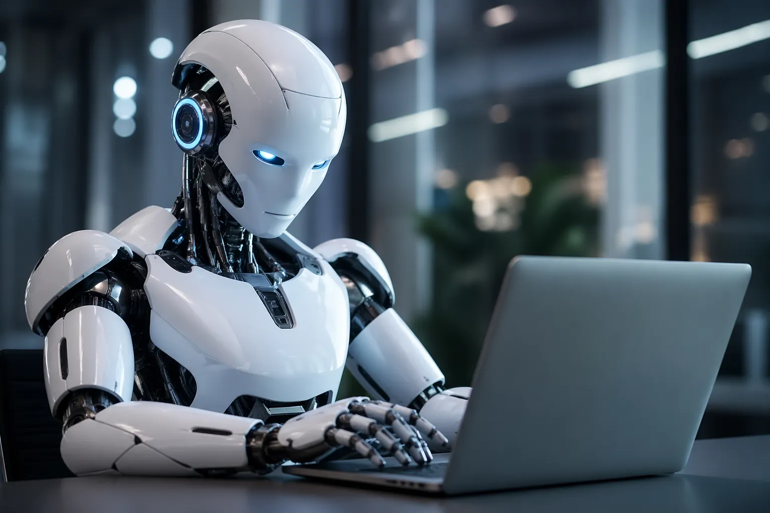 Een futuristische humanoïde robot werkt geconcentreerd aan een laptop in een moderne hightech omgeving.