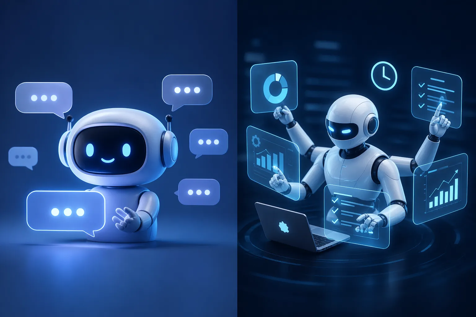 Een minimalistische illustratie die het verschil toont tussen een AI-chatbot en een AI-agent, zonder tekst in beeld.