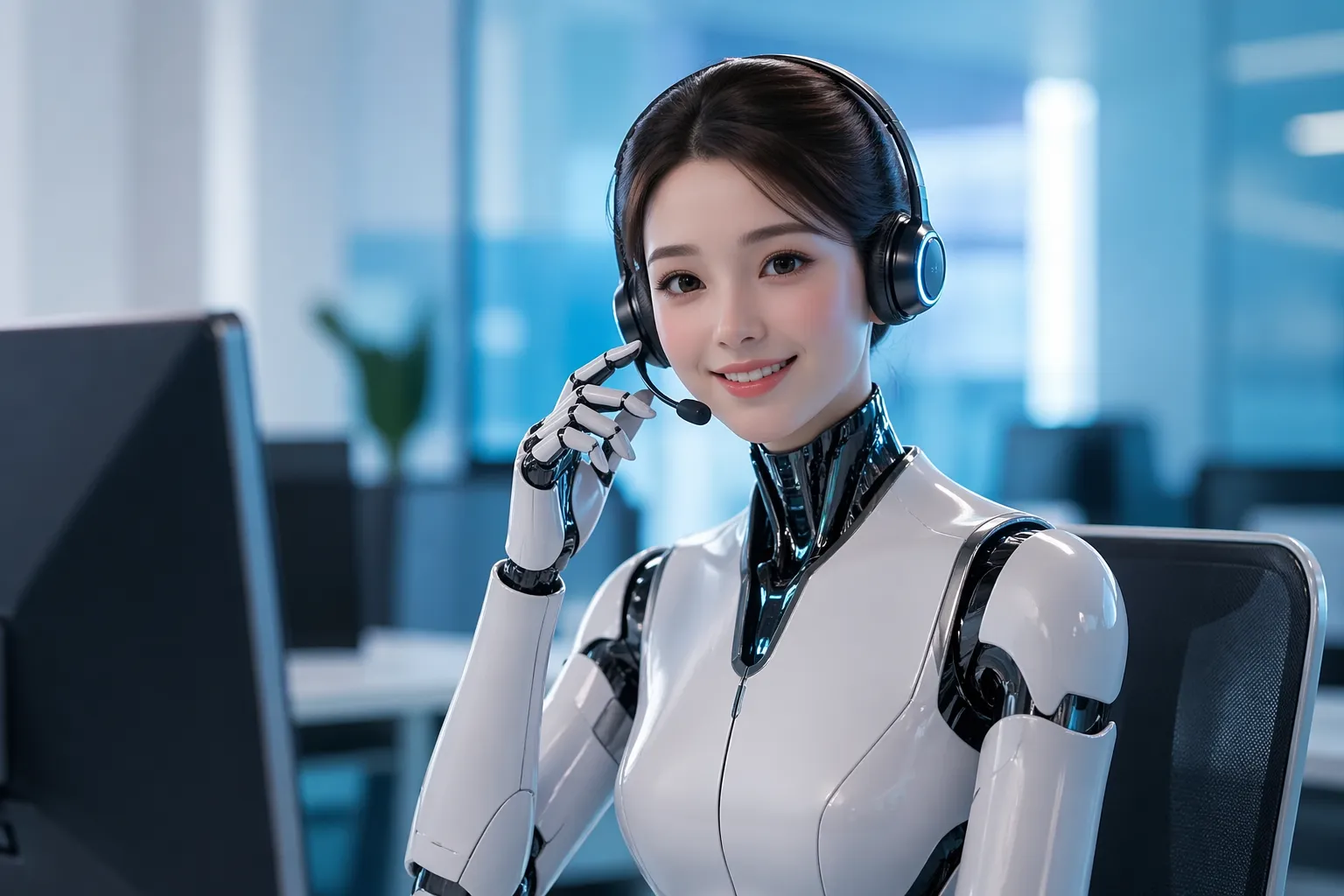 Moderne AI-agent voor snelle en vriendelijke klantenservice in een professionele digitale werkomgeving.