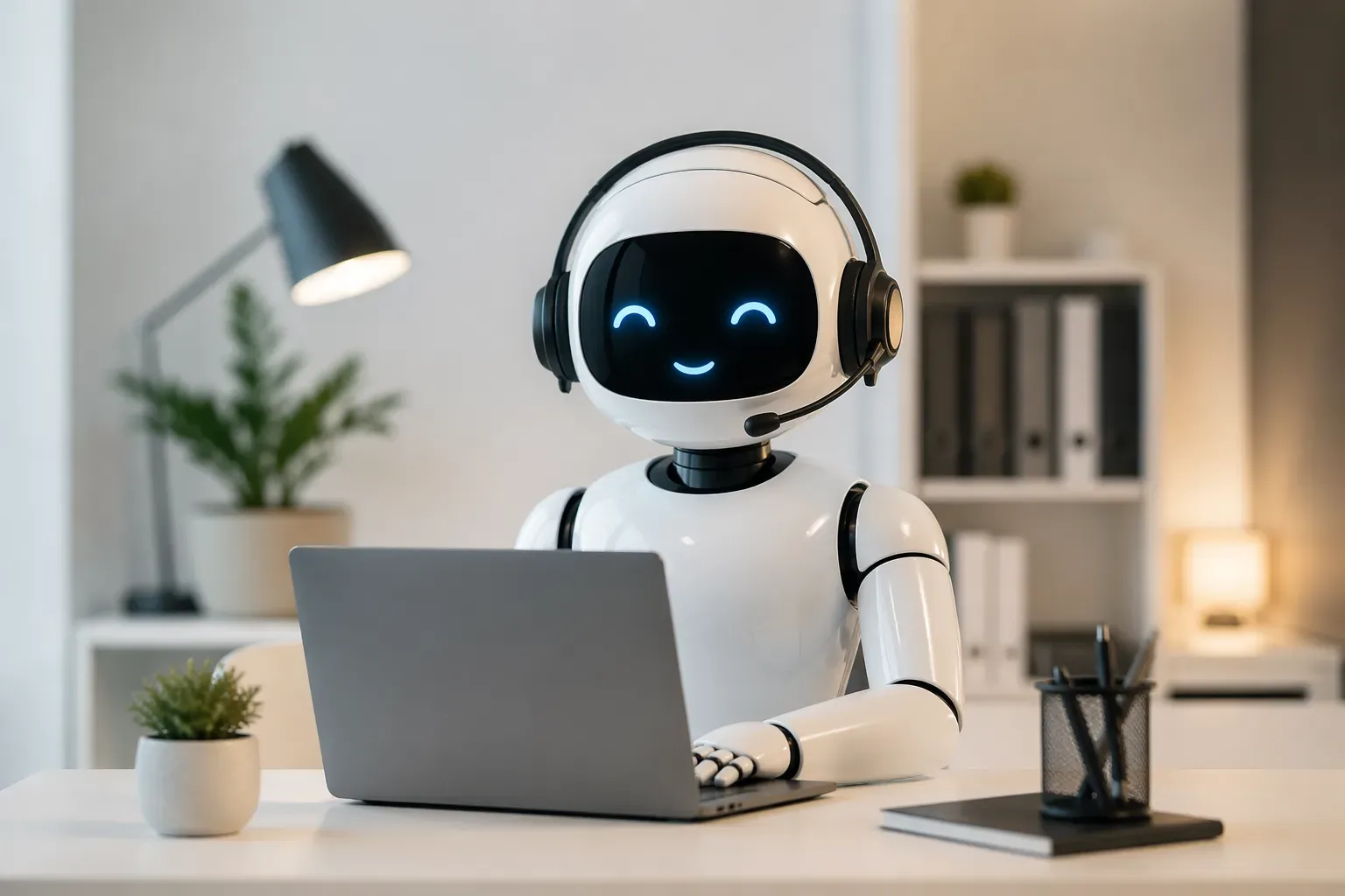 Een vriendelijke AI-assistent ondersteunt klanten snel en efficiënt in een moderne werkomgeving.