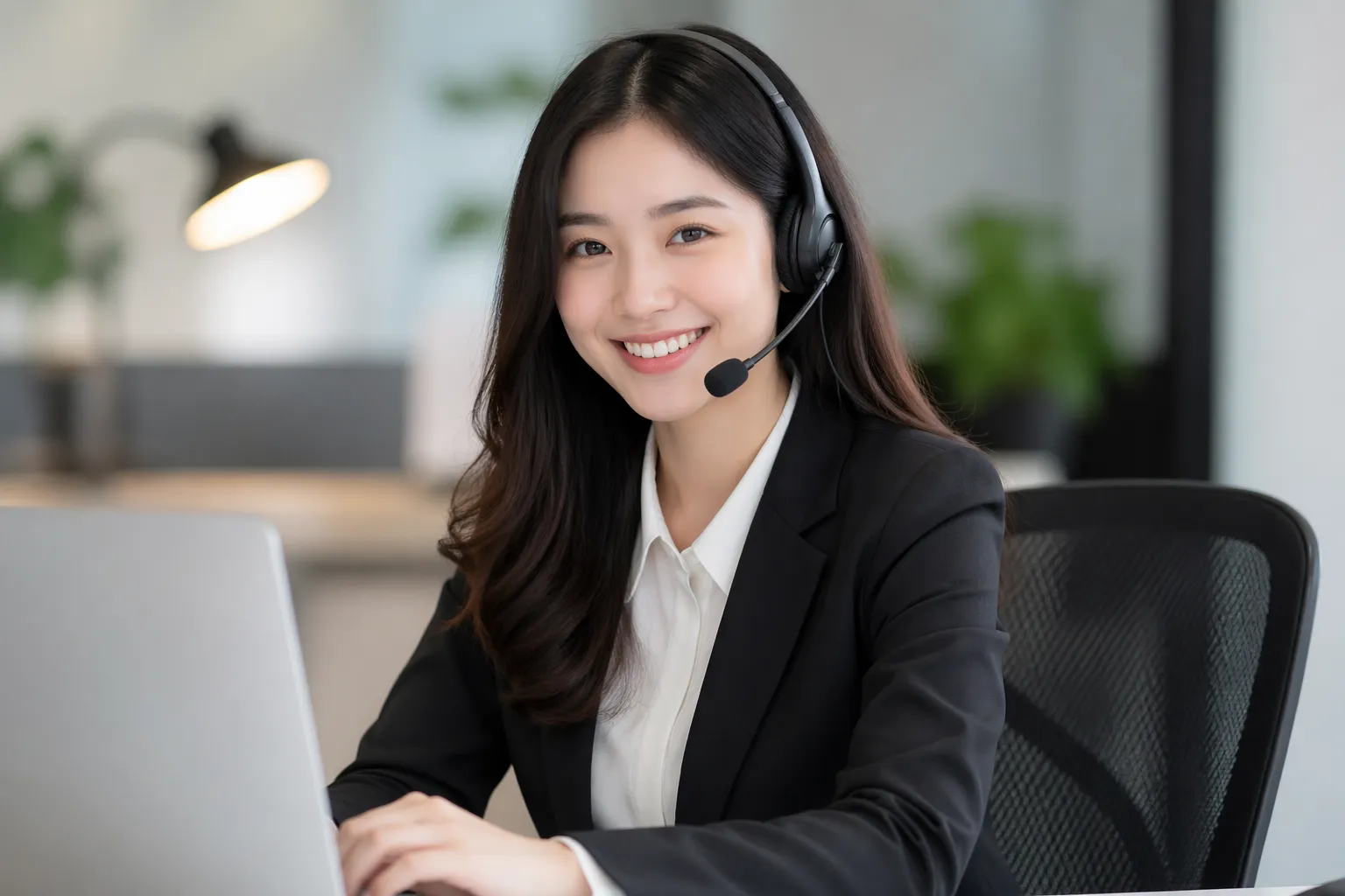 Vriendelijke AI-supportagent met headset, werkend in een moderne kantooromgeving.