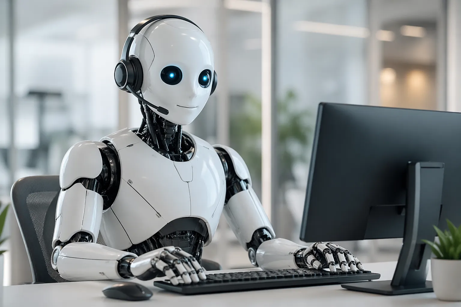 Een moderne AI-robot aan het werk in een strakke kantooromgeving, klaar om klanten snel en slim te helpen.