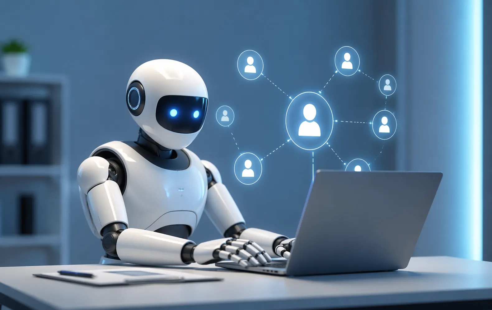 Een slimme AI-assistent die automatisch leads opvolgt in een moderne digitale werkomgeving.