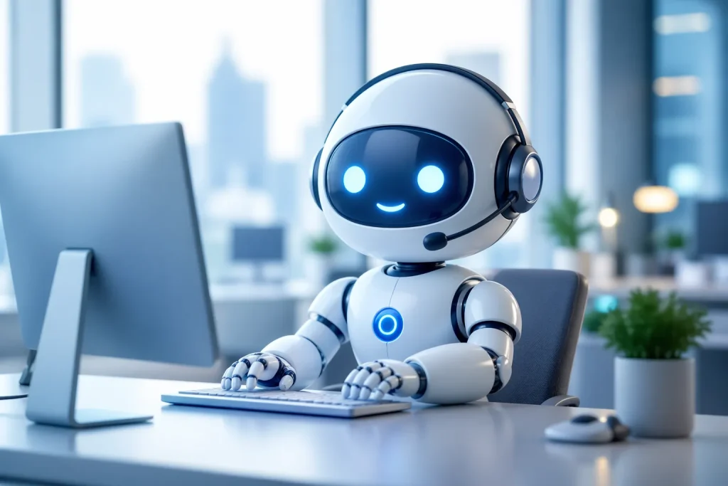 Een vriendelijke AI-assistent die e-mails snel en slim verwerkt in een moderne werkomgeving.