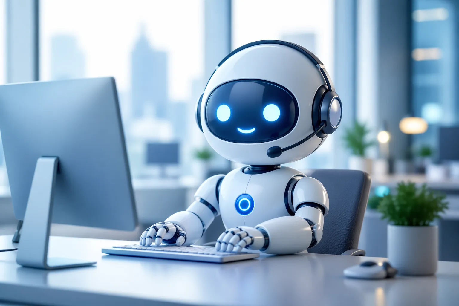 Een vriendelijke AI-assistent die e-mails snel en slim verwerkt in een moderne werkomgeving.