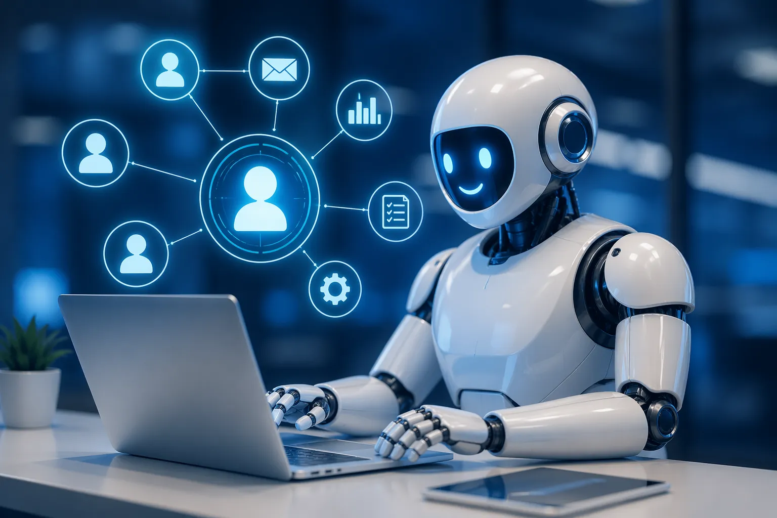 Een futuristische AI-assistent die CRM-processen slim en efficiënt automatiseert in een moderne digitale werkomgeving.