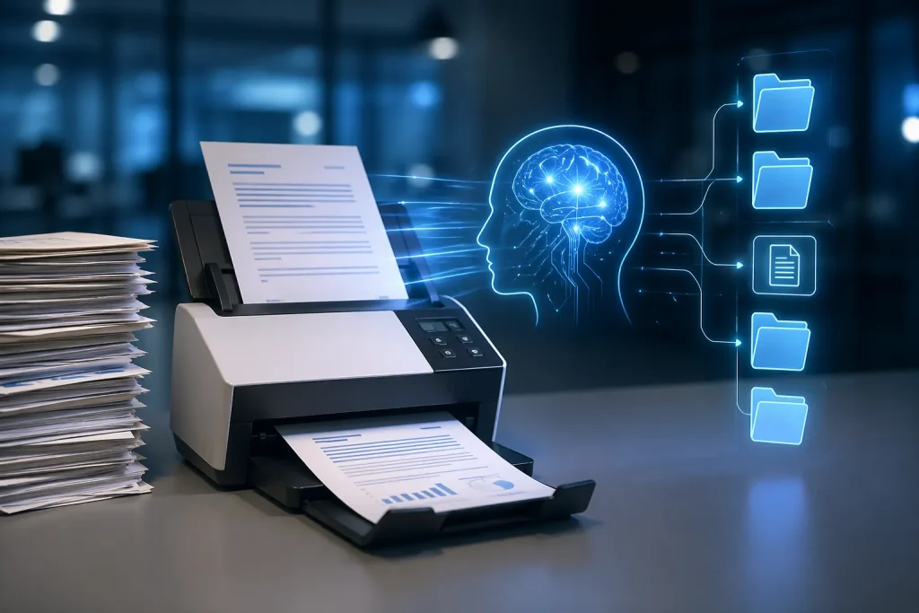 Een moderne, minimalistische visual van slimme documentanalyse met kunstmatige intelligentie.