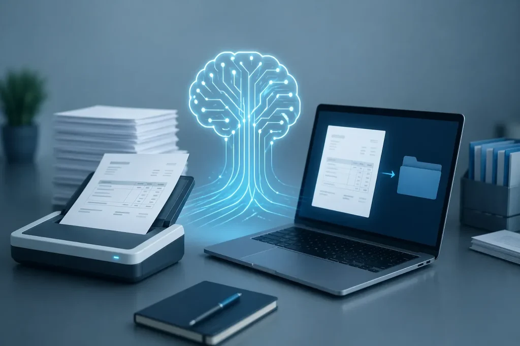 Slimme en snelle digitale verwerking van facturen met AI in een moderne werkomgeving.