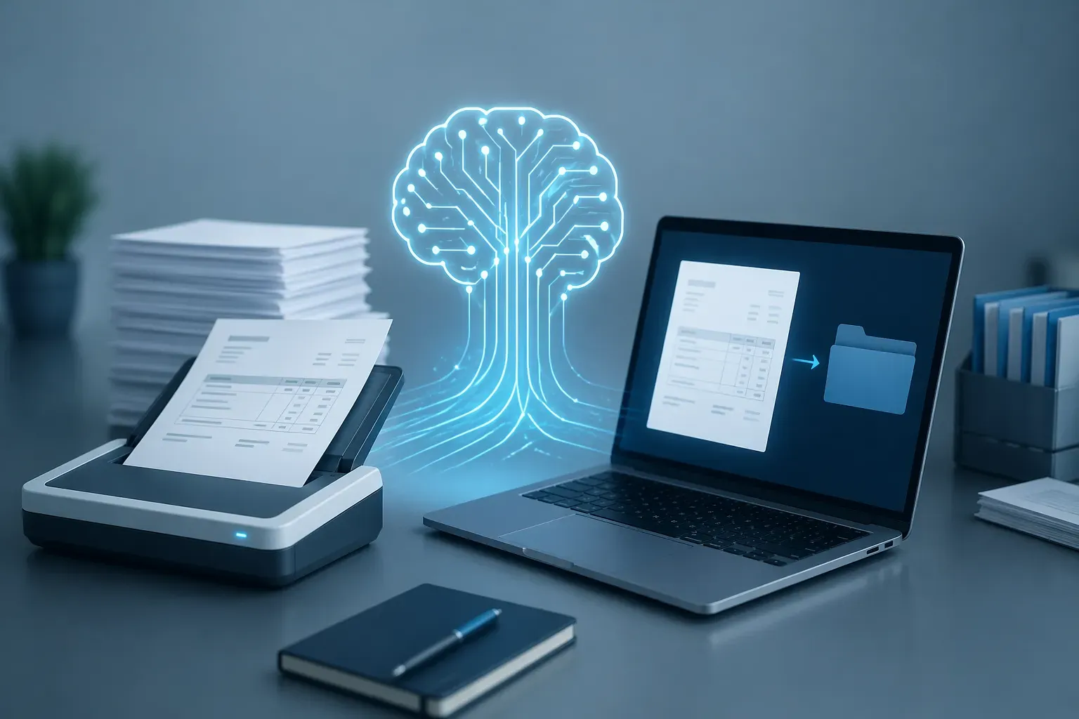 Slimme en snelle digitale verwerking van facturen met AI in een moderne werkomgeving.