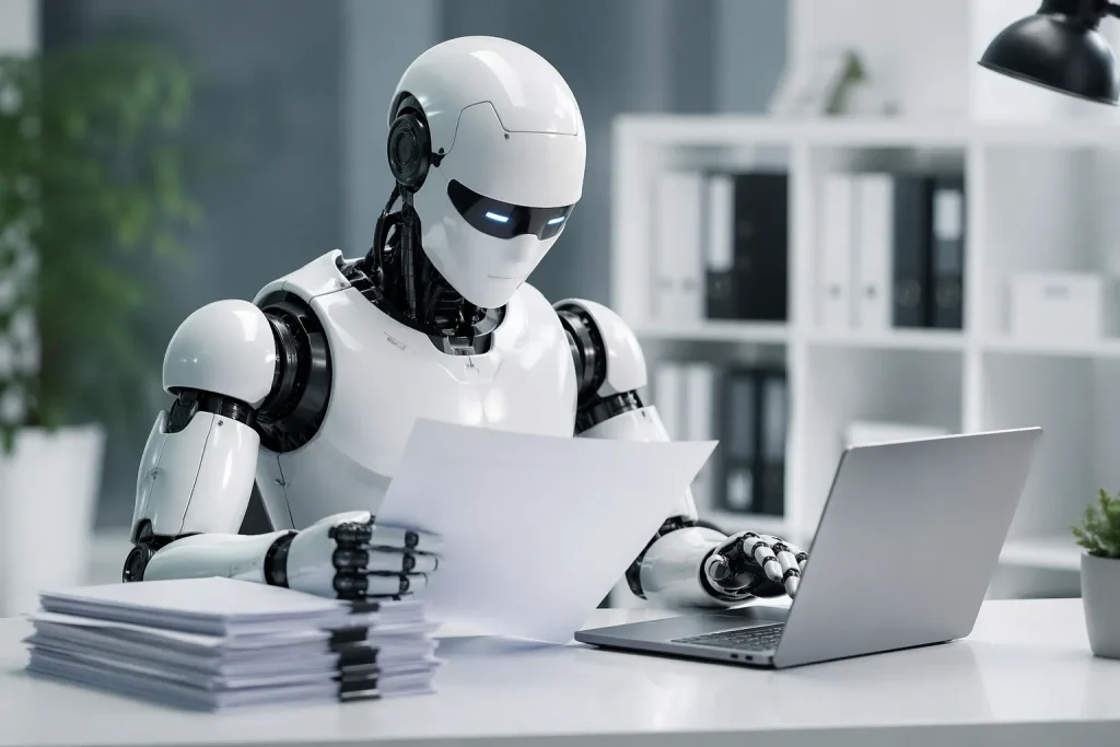Een moderne AI-robot verwerkt administratieve taken efficiënt aan een strak bureau.