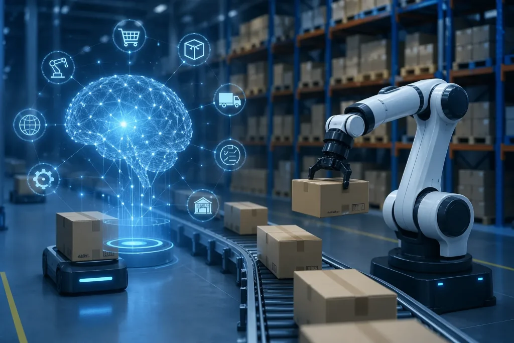 Slimme magazijnautomatisering met AI, robotica en realtime goederenstroom.