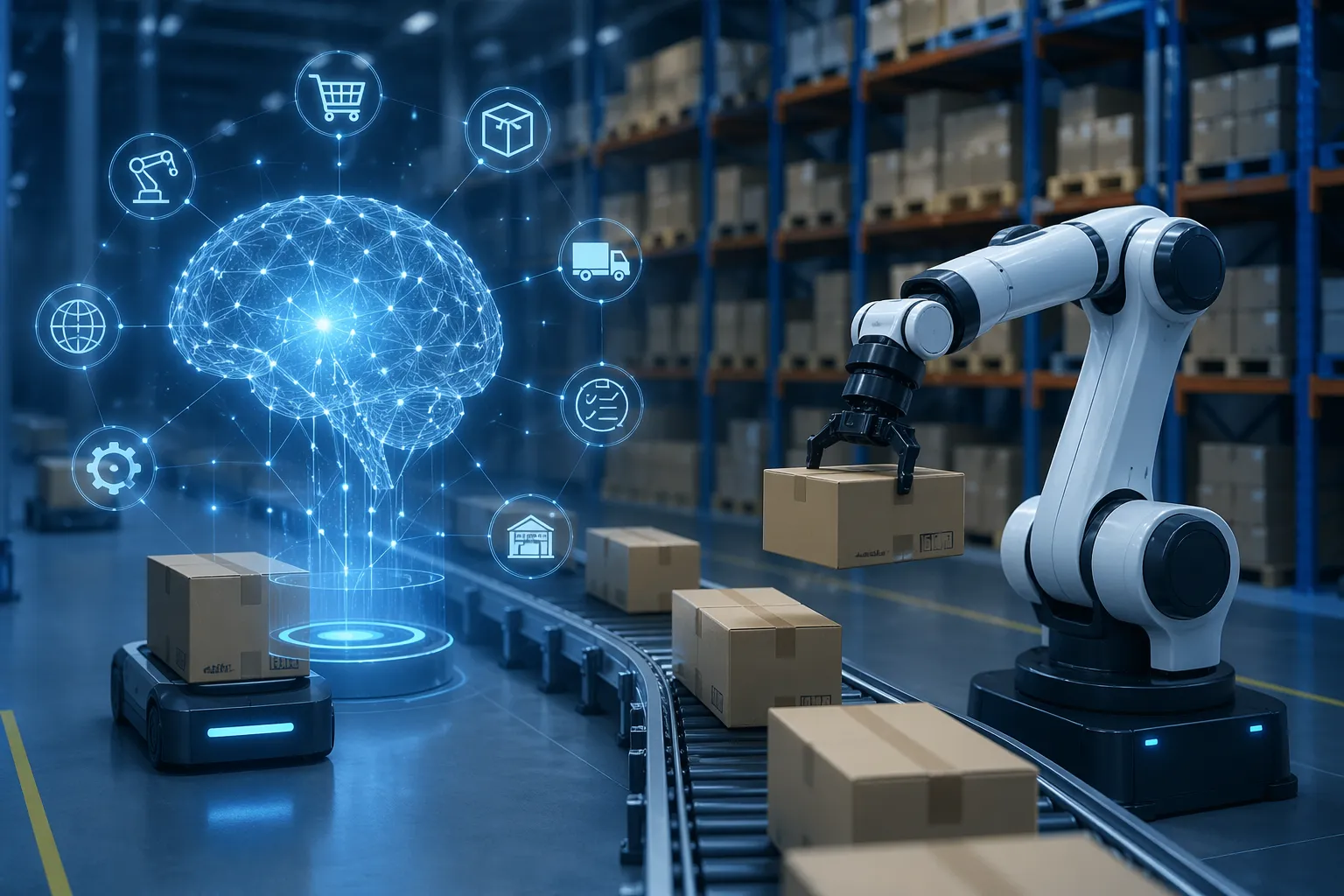 Slimme magazijnautomatisering met AI, robotica en realtime goederenstroom.